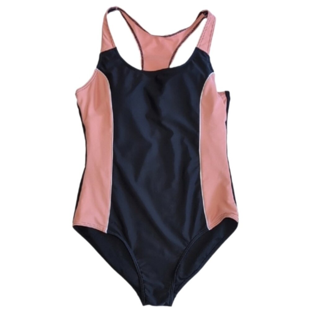 George One Piece Swimsuit Sporty Racerback Black Orange Size 8 Slimming